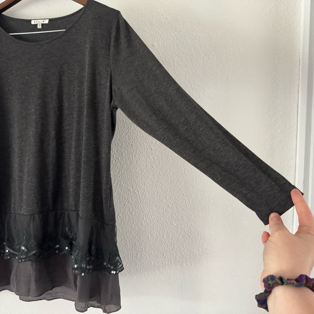 Boho Sequin Embellished Sheer Hem Gray Layered Tunic Blouse Avalin L Romantic - Picture 7 of 14